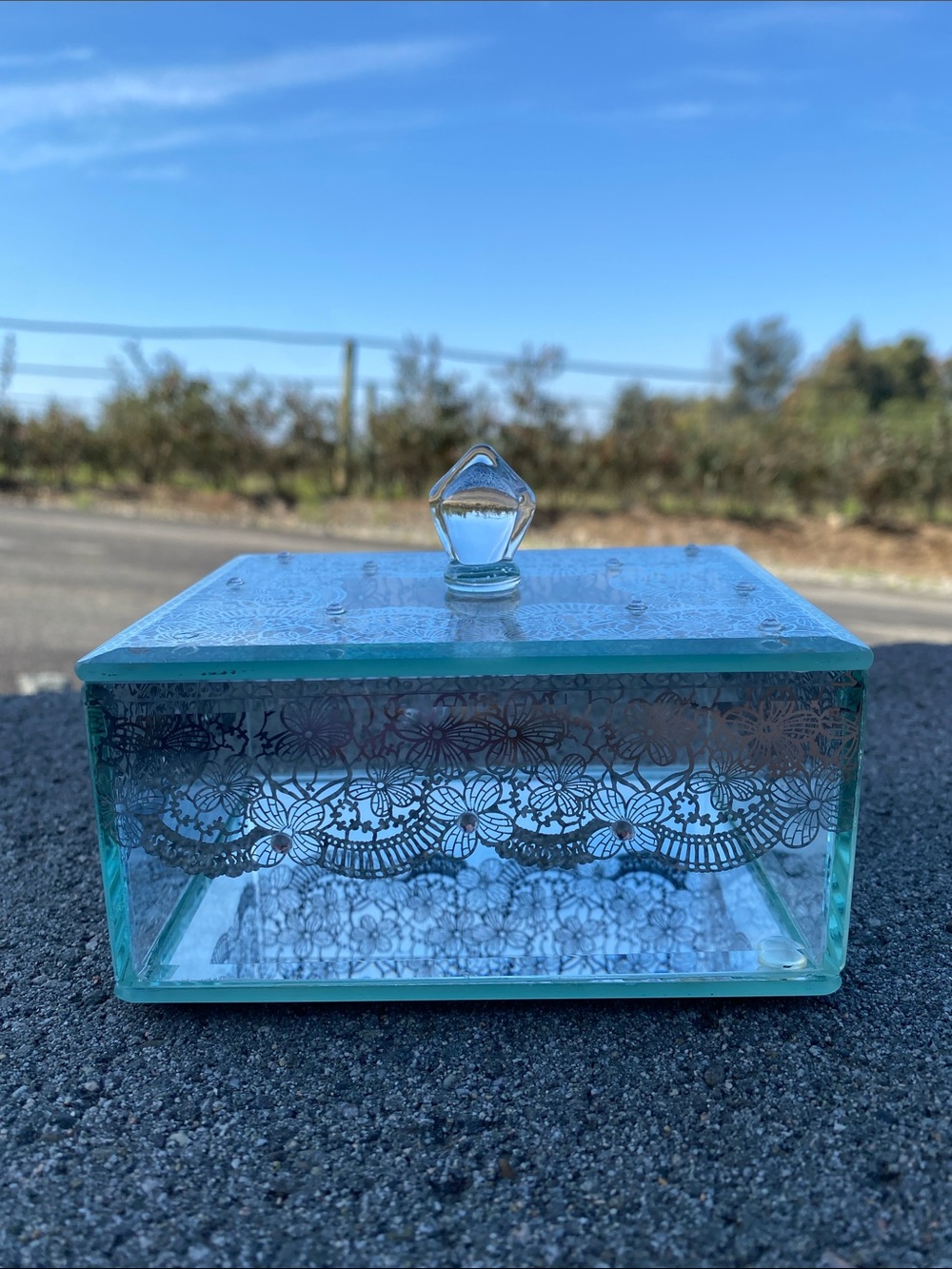 Glass Etched Lace Jewelry Box Mirrored